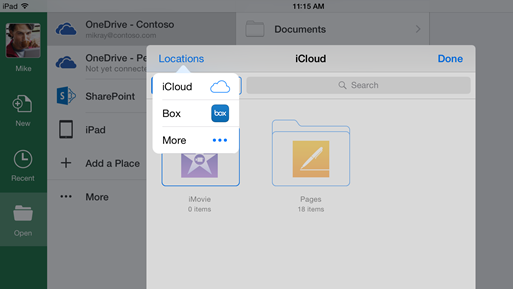 Integrazione di iCloud e Box in Office per iOS.