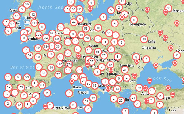 La mappa delle stampanti collegate al network 3D Hubs in tutta Europa