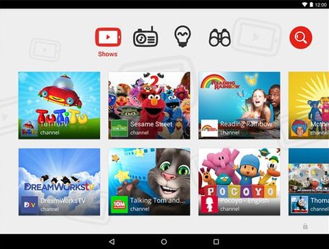 L'interfaccia di YouTube Kids su tablet Android