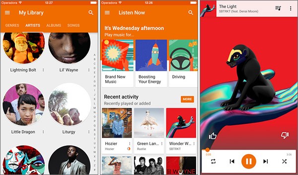 L'interfaccia in stile Material Design introdotta con l'ultimo aggiornamento dell'applicazione Google Play Music per iPhone