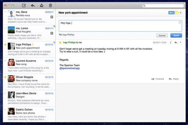 L'interfaccia del client Sparrow per la gestione delle email su computer OS X