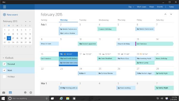 Windows 10: app Calendario