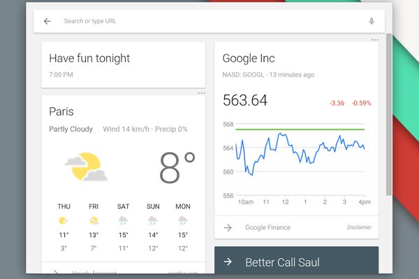Il nuovo launcher di Chrome OS, con l'integrazione delle schede Google Now