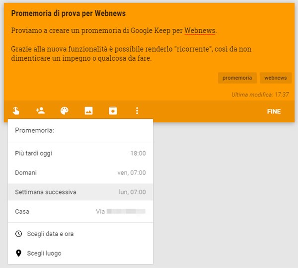I promemoria ricorrenti son un'altra novità introdotta oggi da Google Keep