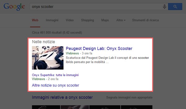 La sezione "Nelle notizie" nella pagina dei risultati di Google