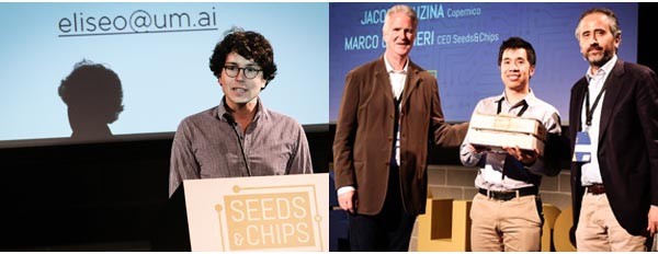 A sinistra, il pitch di Aliseo Papa, a destra Tony Vu di MintScraps premiato da Doug Keney e Marco Gualtieri. Sono loro le prime due startup ufficialmente entrate nel programma di accelerazione che si svilupperà da oggi ai prossimi mesi e avrà Expo come luogo centrale di confronto, a partire da settembre.