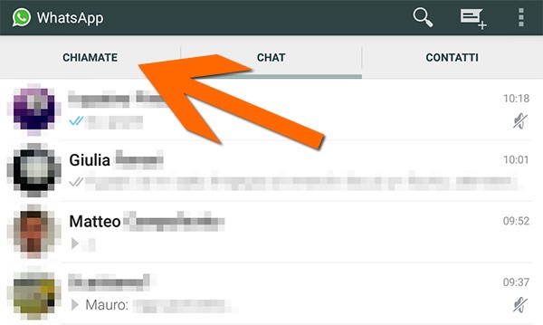 La scheda Chiamate nell'interfaccia di WhatsApp