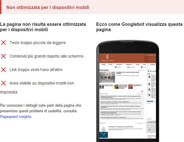 Test di compatibilità con dispositivi mobili: www.corteconti.it