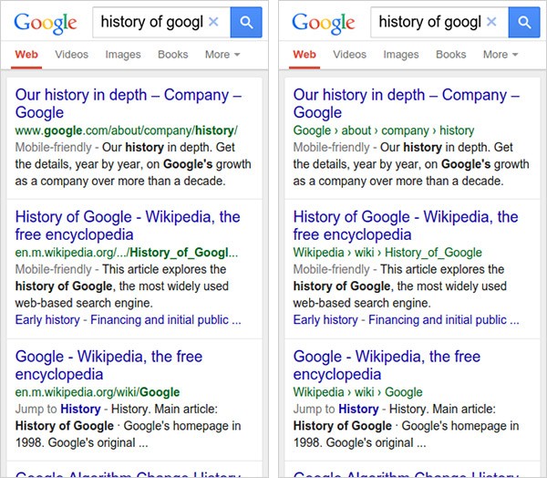 Il vecchio (a sinistra) e il nuovo (a destra) modo di visualizzare l'URL dei link indicizzati da Google sui dispositivi mobile