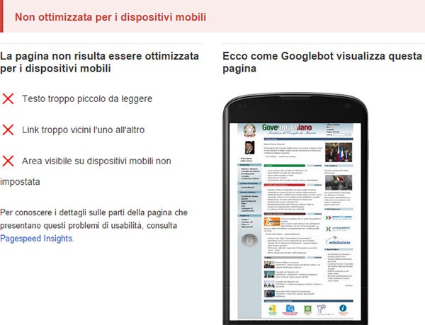 Test di compatibilità con dispositivi mobili: www.governo.it