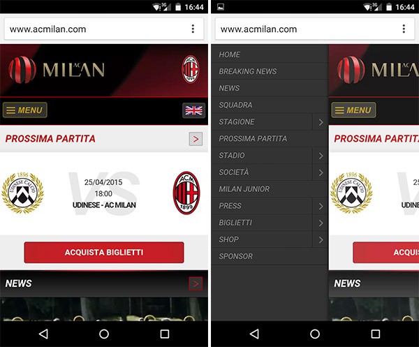 La versione mobile del sito ufficiale AC Milan