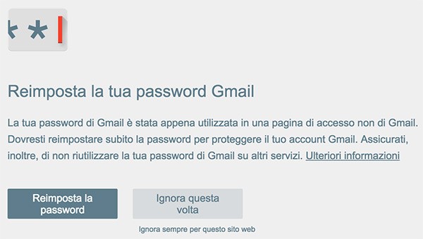 L'avviso mostrato da Google tramite l'estensione Password Alert per il browser Chrome