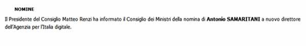 La concisa notizia sulla nomina di Samaritani nel resoconto dell'ultimo Consiglio dei Ministri, il n.62 del 29 aprile.
