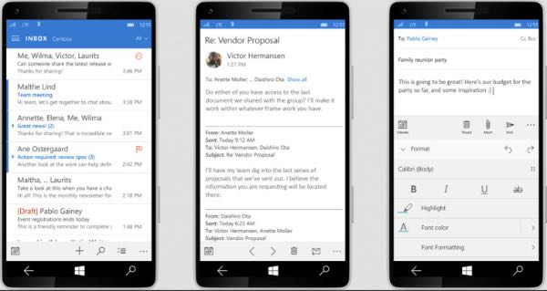 Windows 10 per smartphone, app Posta