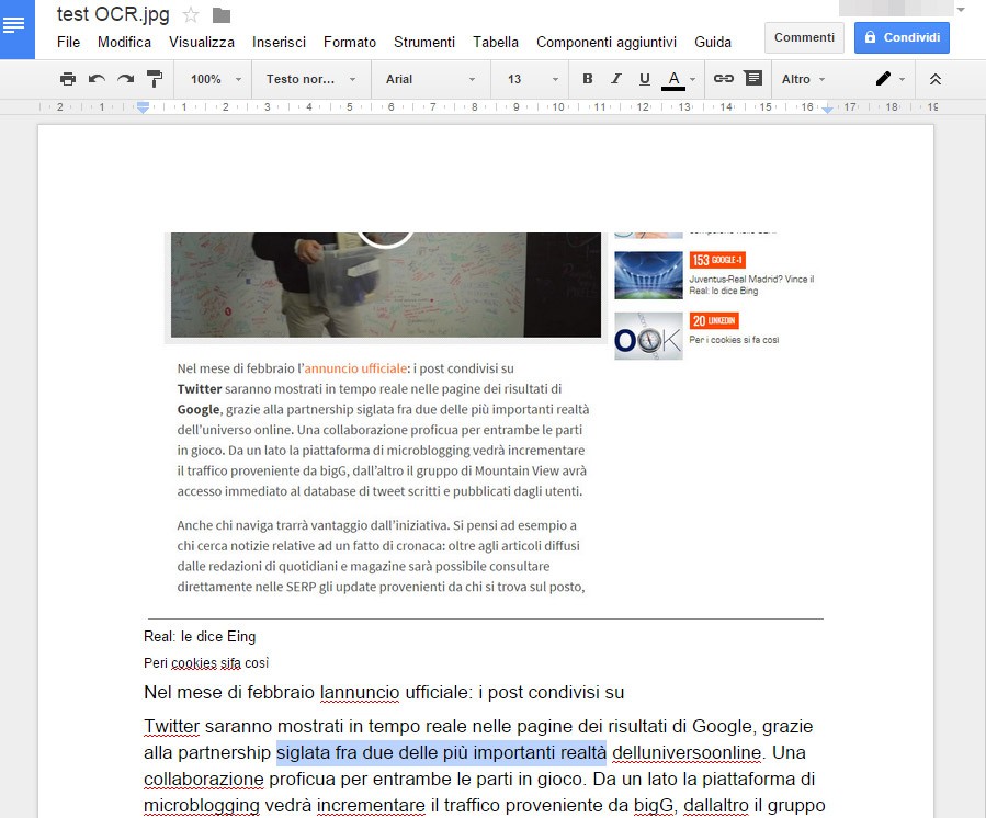 Il documento generato dalla tecnologia OCR di Google partendo da un'immagine