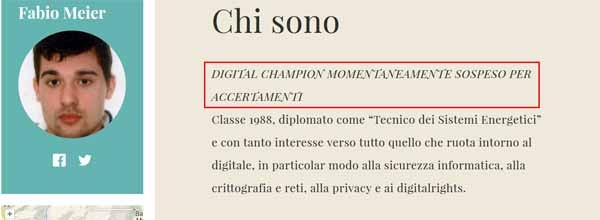 La scheda di Fabio Meier sul sito dei Digital Champions. Da ieri il profilo è sospeso dopo la notizia del suo arresto. Secondo la polizia postale, Meier è noto come Otherwise nel gruppo Anonymous. È accusato di aver organizzato alcuni attacchi in una recente operazione italiana contro diversi siti, compresi quello della Difesa e dell'Expo.