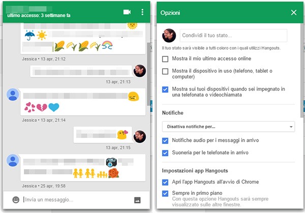 Screenshot per la nuova applicazione Chrome dedicata ad Hangouts, con interfaccia in stile Material Design