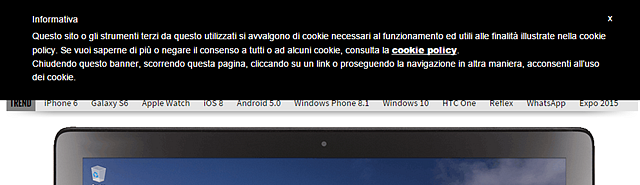 Il banner a comparsa in home page su Webnews.it. Come si vede, rispetta il principio della brevità e della funzionalità prevista dal garante della privacy: rimanda a una informativa più estesa, e consente, chiudendolo, scrollando o cliccando "ok", di proseguire la navigazione accettando l'installazione di cookie, compresi quelli profilanti. Se invece si va all'informativa, l'utente viene a conoscenza di tutti i tipi di cookie presenti sul sito, il loro scopo, e come eventualmente cancellarli, bloccarli o consentirli sapendo per quanto tempo verranno memorizzati.