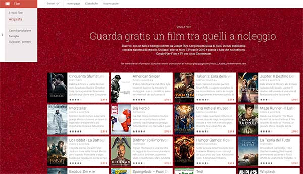 Il catalogo dei film che è possibile noleggiare gratuitamente