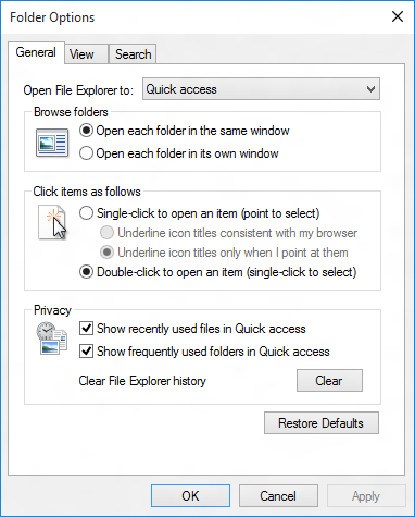 Opzioni Quick Access