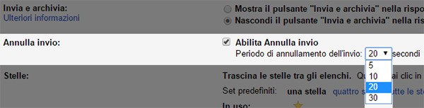 Le opzioni di Gmail relative al pulsante "Annulla"