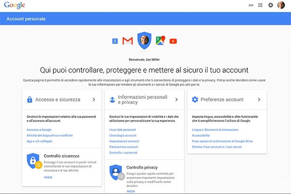La schermata principale di Google account personale