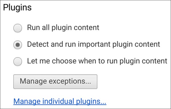 Le nuova impostazioni di Chrome per l'esecuzione dei plugin all'interno del browser