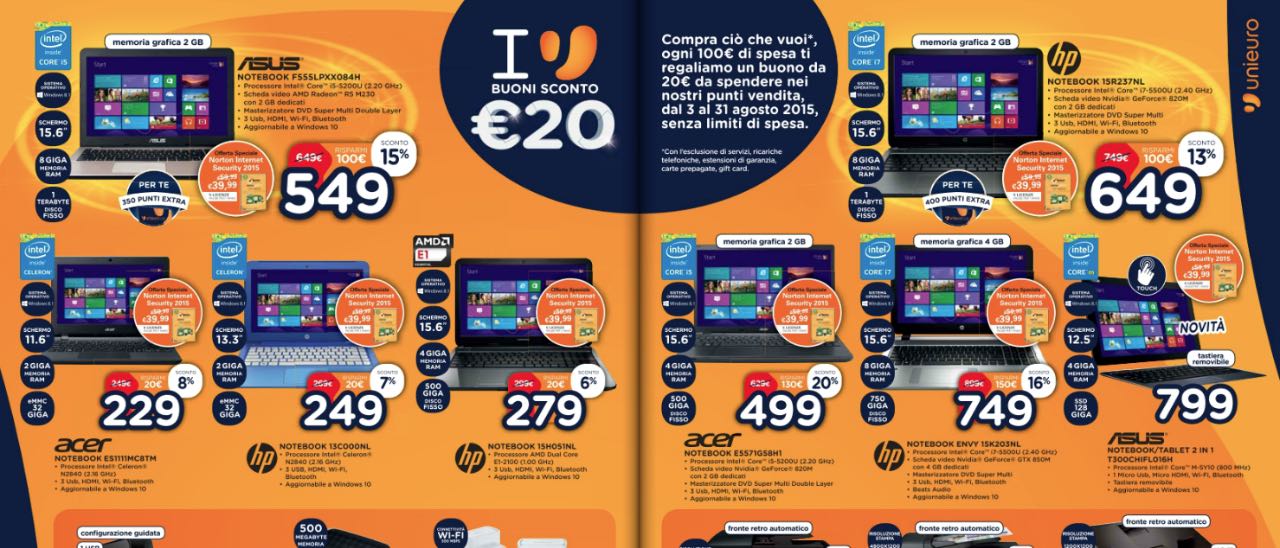 Unieuro: buono da 20 euro ogni 100 euro spesi