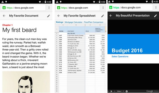 Aprendo un doc nel browser mobile, l'interfaccia è ora simile per tutte le tipologie di file: Documenti, Fogli e Presentazioni