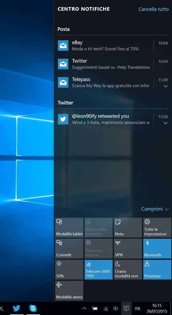 Windows 10, il nuovo Action Center
