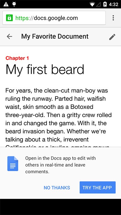 Il messaggio mostrato da Google che invita a scaricare l'app per la modifica dei Documenti su smartphone