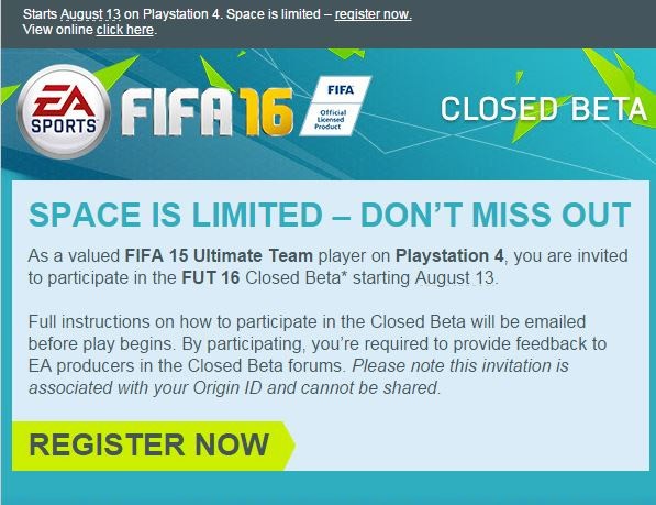 L'invito a partecipare alla closed beta di FIFA 16 inviato da EA Sports