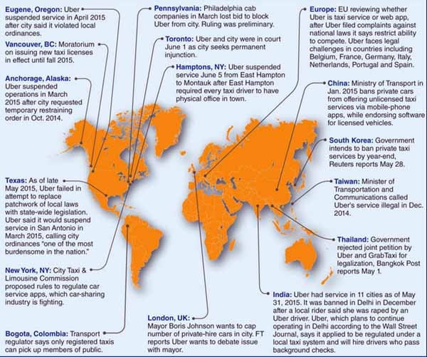 Nella mappa l'attuale situazione delle diatribe legali di Uber nel mondo. La compagnia deve affrontare le proteste - a volte violente, come in Francia - dei tassisti di paese in paese, a volte di città in città, con diverse regole. Uber è sospeso in alcuni stati, ed è arrivato in tribunale in 41 tra stati e città americani. Uber è illegale in Cina e potrebbe diventarlo in Corea del sud, mentre è bloccato a Taiwan e Filippine. A Londra il sindaco è interessato a ragionare con Uber, in India la situazione è molto spezzettata.