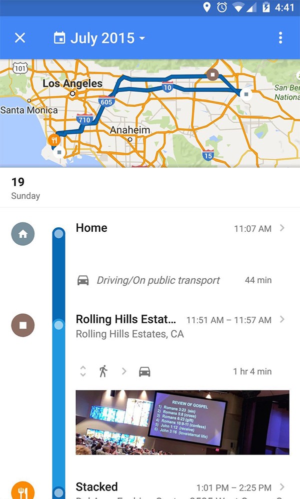 La cronologia degli spostamenti visualizzata nella nuova versione dell'app Google Maps per Android
