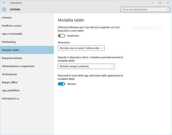 Windows 10, abilitare tablet mode