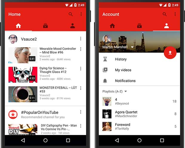 La nuova interfaccia dell'applicazione YouTube su smartphone Android