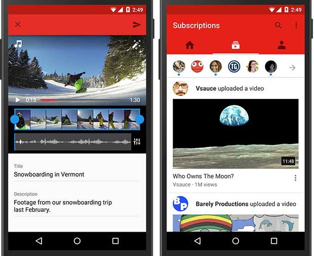 La nuova interfaccia dell'applicazione YouTube su smartphone Android