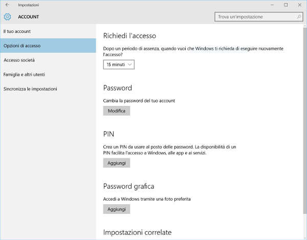 Modifica password Windows 10