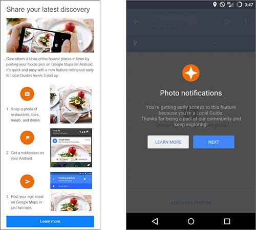 Screenshot per la nuova funzionalità di Google Maps che consente di condividere pubblicamente le foto di cibi e pietanze preparati in bar o ristoranti