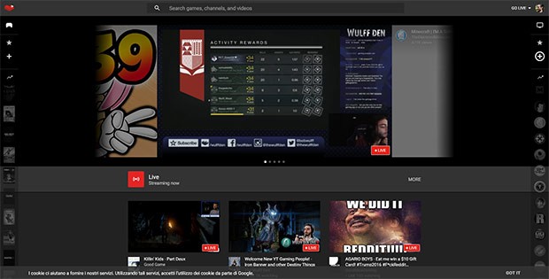 L'interfaccia Web di YouTube Gaming