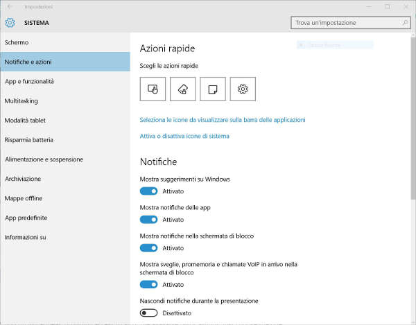Azioni rapide Windows 10