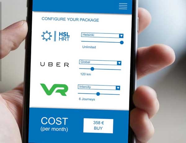 L?interfaccia del maas di Helsinki consente di acquistare pacchetti di trasporto con conteggi chilometri o altri criteri da usare in un determinato periodo di tempo. Il servizio integra le ferrovie come anche Uber, senza distinzioni.