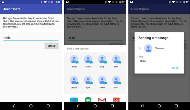Screenshot per l'applicazione Android Direct Share di Google