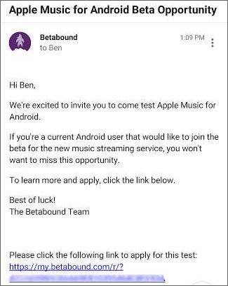 L'invito alla beta di Apple Music su Android