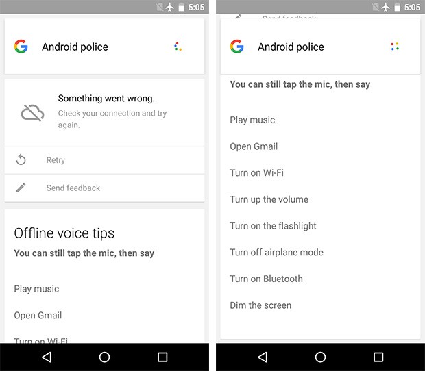 Alcuni dei comandi vocali riconosciuti da Google Now in modalità offline