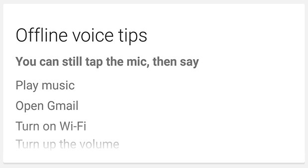 Alcuni dei comandi vocali riconosciuti da Google Now in modalità offline
