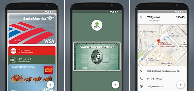 Screenshot per l'applicazione ufficiale di Android Pay in esecuzione su smartphone Android