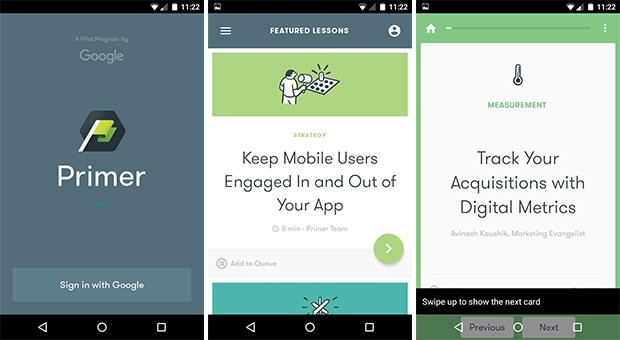 Screenshot per l'applicazione Primer di Google, su smartphone Android