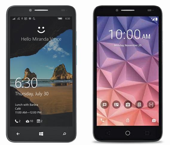 Alcatel One Touch Fierce XL con Windows 10 Mobile (a sinistra) e Android (a destra).