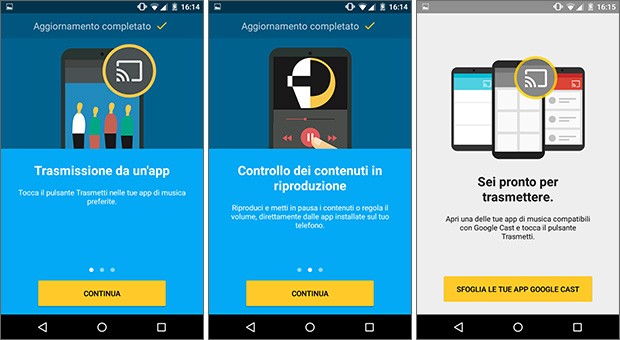 Il processo di configurazione iniziale necessario per utilizzare Chromecast Audio